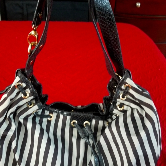 Henri Bendel Striped Sateen And Leather Hobo Convertible Crossbody- Large - Picture 2 of 13